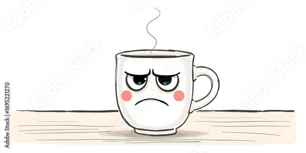 Fototapeta A grumpy, steaming coffee mug with a disappointed face and pink cheeks.