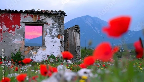 Fototapeta Abandoned building reflects sunset amidst a field of vibrant red poppy flowers