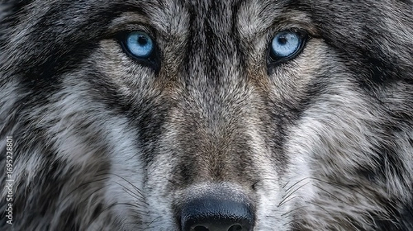 Obraz Detailed close up portrait of wolf with icy blue eyes sharp fur textures and intense gaze dramatic wildlife realism