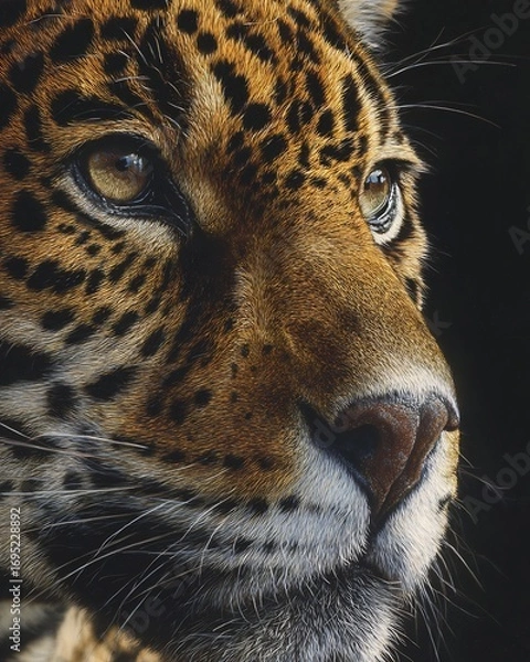 Obraz Detailed close up portrait of jaguar with golden fur rosette markings and piercing gaze in realism