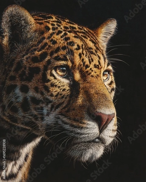 Obraz Detailed close up portrait of jaguar with golden fur rosette markings and piercing gaze in realism