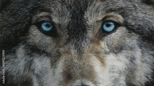 Obraz Detailed close up portrait of wolf with icy blue eyes sharp fur textures and intense gaze dramatic wildlife realism