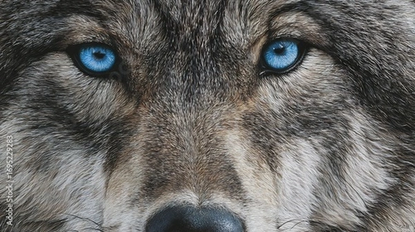 Obraz Detailed close up portrait of wolf with icy blue eyes sharp fur textures and intense gaze dramatic wildlife realism