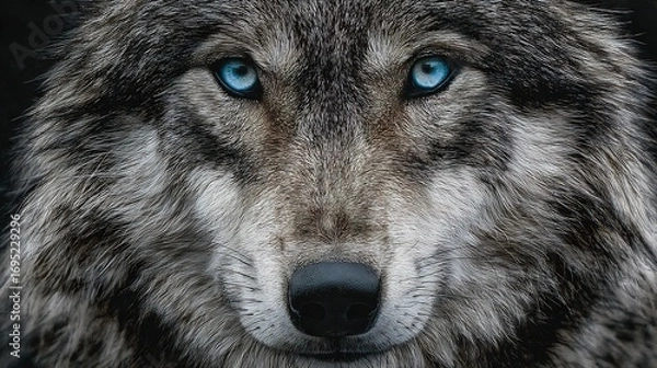 Obraz Detailed close up portrait of wolf with icy blue eyes sharp fur textures and intense gaze dramatic wildlife realism