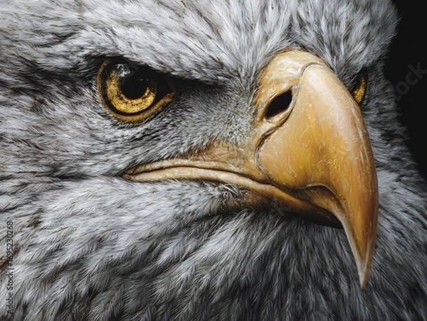 Obraz Hyper detailed close up of bald eagle with yellow eyes and hooked beak feathers captured in stunning realism