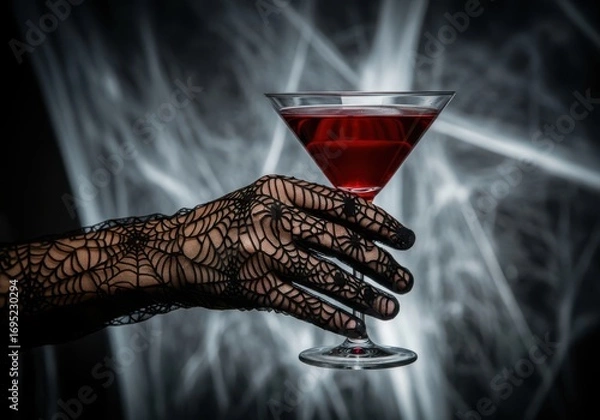 Fototapeta A gloved hand holding a martini glass filled with red liquid, against a backdrop of spiderwebs