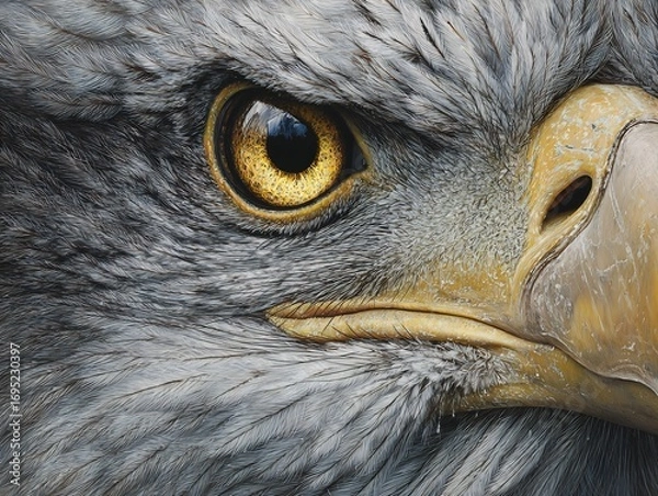 Obraz Hyper detailed close up of bald eagle with yellow eyes and hooked beak feathers captured in stunning realism
