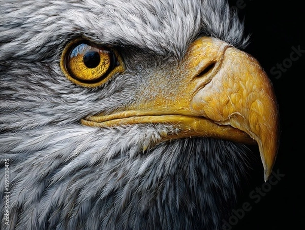 Obraz Hyper detailed close up of bald eagle with yellow eyes and hooked beak feathers captured in stunning realism
