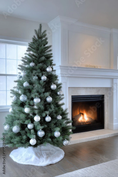 Fototapeta beautifully decorated christmas tree adorned solely with transparent ornaments stands elegantly near cozy fireplace