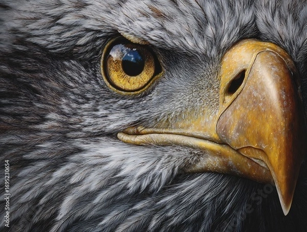 Obraz Hyper detailed close up of bald eagle with yellow eyes and hooked beak feathers captured in stunning realism