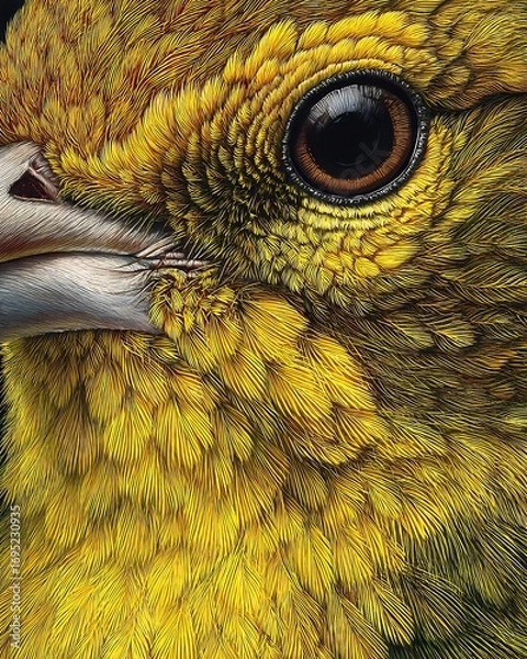 Obraz Hyper detailed close up of canary face with yellow feathers and sharp eye details in lifelike realism