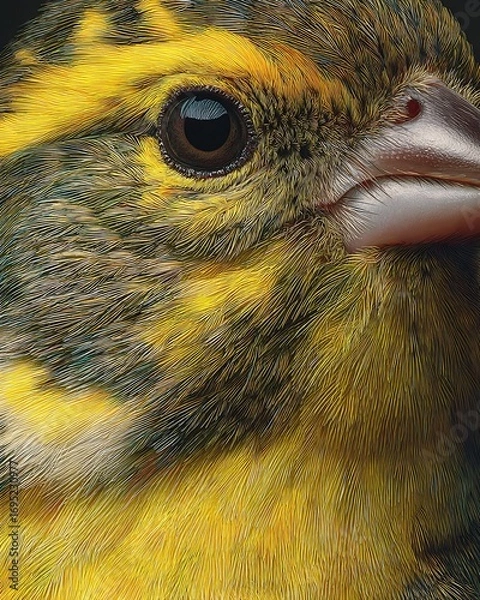 Obraz Hyper detailed close up of canary face with yellow feathers and sharp eye details in lifelike realism