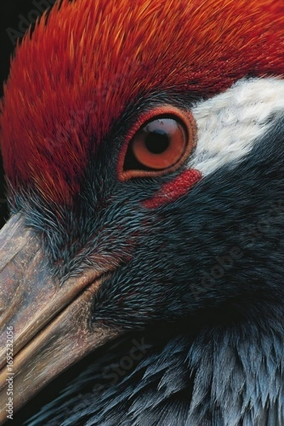 Obraz Hyper detailed close up of crane face with red crown feathers long beak and lifelike gaze