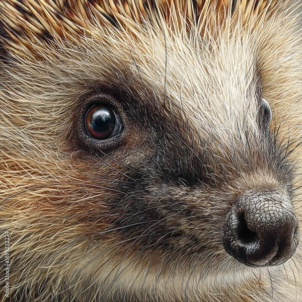 Obraz Hyper detailed close up of hedgehog face with quills and bright eyes wildlife portrait in lifelike realism