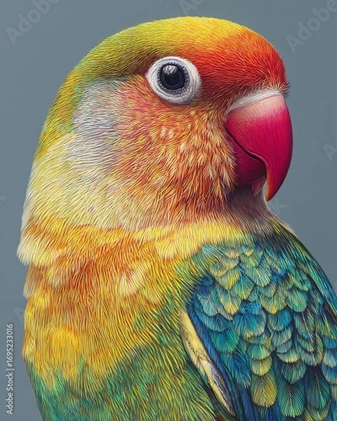 Obraz Hyper detailed close up of lovebird with colorful plumage and lifelike curved beak details