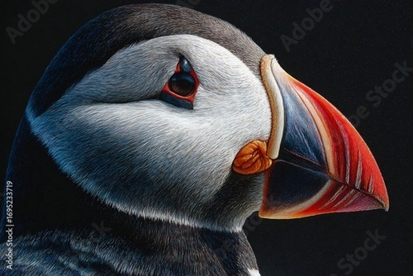 Obraz Hyper detailed close up of puffin with colorful beak and sharp feather details in lifelike realism