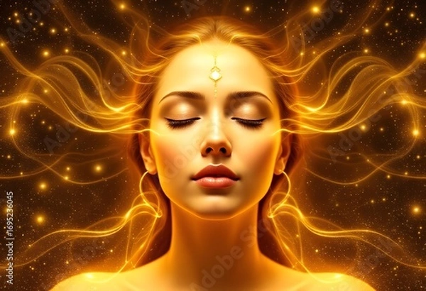 Fototapeta Serene woman with closed eyes and golden aura in a mystical background.