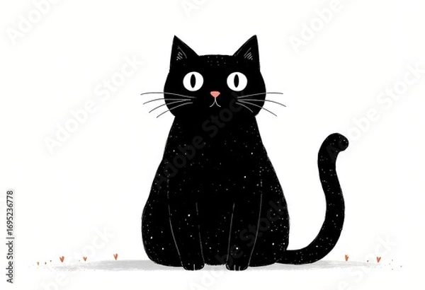 Fototapeta Illustration of a black cat sitting with white eyes on a white background with red dots.