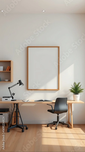 Fototapeta Working room with empty Frame hanging on wall modern minimalist interior 3D rendering vertical