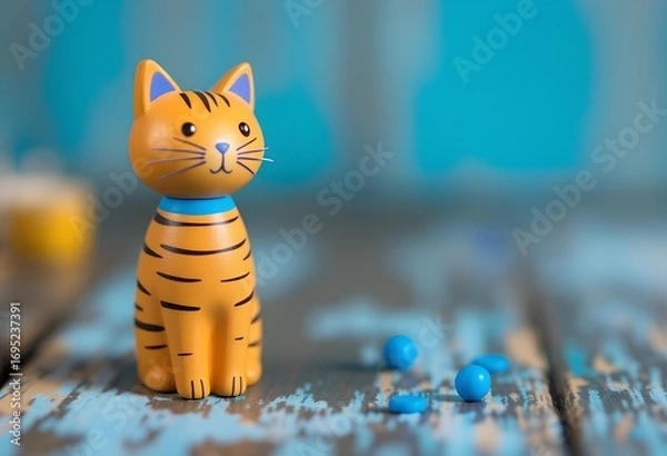 Fototapeta Close-up of an orange toy tiger figurine with a blue collar on a distressed wooden surface with scattered blue beads against a blurred turquoise background.