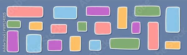 Fototapeta Cartoon rectangle sticker set in hand drawn doodle style on blue background. Patch and organic box label as memo note collection in colorful text, ideal for playful decor, creative message or modern