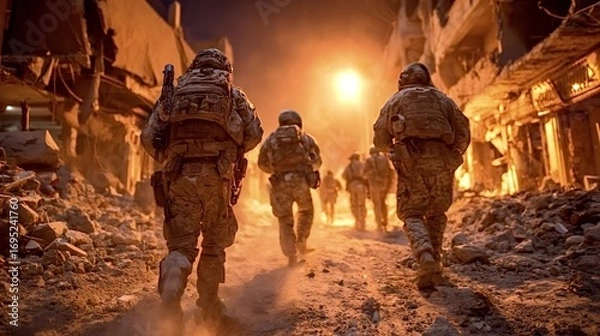 Fototapeta Group of soldiers patrolling a war torn city street at night, navigating through rubble and debris while facing the imminent dangers and destruction caused by ongoing conflict