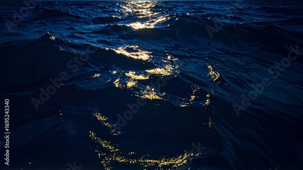 Fototapeta A close-up, low-angle shot of the deep blue sea. The setting sun's light creates scattered, abstract golden reflections on the turbulent wave crests.
