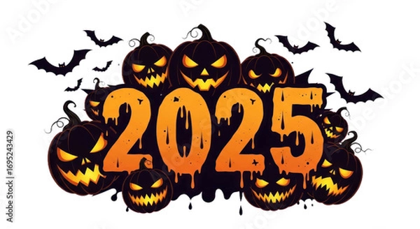 Obraz Spooky Halloween 2025 Graphic with Glowing Jack-o'-Lanterns, Dripping Numbers, and Flying Bats on an Isolated Background.. isolated on transparent background. Background PNG Transparent
