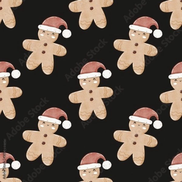 Fototapeta holiday seamless pattern with cartoon gingerbread man, decor elements. Merry Christmas. Colorful illustration, flat style. hand drawing. design for fabric, print, wrapper