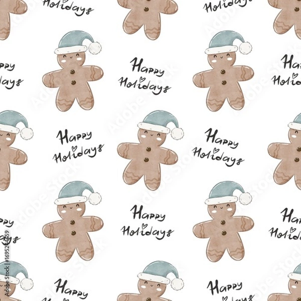 Fototapeta holiday seamless pattern with cartoon gingerbread man, decor elements. Merry Christmas. Colorful illustration, flat style. hand drawing. design for fabric, print, wrapper