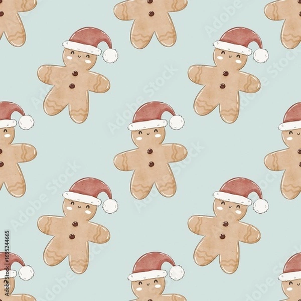 Fototapeta holiday seamless pattern with cartoon gingerbread man, decor elements. Merry Christmas. Colorful illustration, flat style. hand drawing. design for fabric, print, wrapper