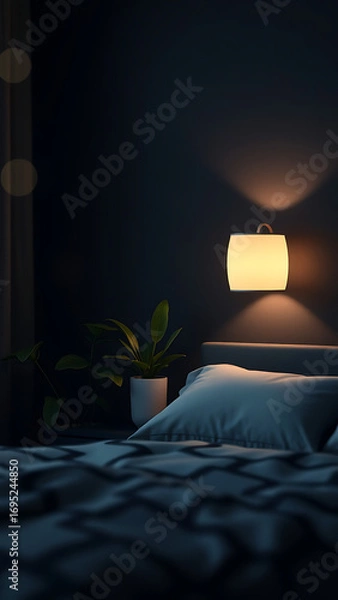 Fototapeta Bedroom interior with bed lamp and green plants on dark wall background 3d rendering vertical