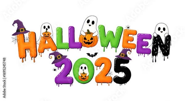 Fototapeta Festive Halloween 2025 Typography with Dripping Letters, Cute Ghosts, Pumpkins, Witch Hats, and Spiders, Isolated Spooky Celebration Graphic. isolated on transparent background