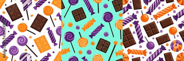 Fototapeta Colorful seamless vector pattern featuring chocolate bars, lollipops, and candies. Perfect for packaging, backgrounds, textiles, and festive holiday designs.