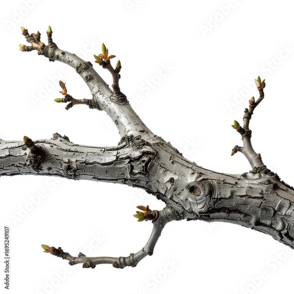 Fototapeta Close up of a tree branch with new buds against a black background showing textured bark and green and brown leaves