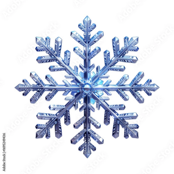 Fototapeta Detailed illustration of a six-pointed blue and silver snowflake on a black background