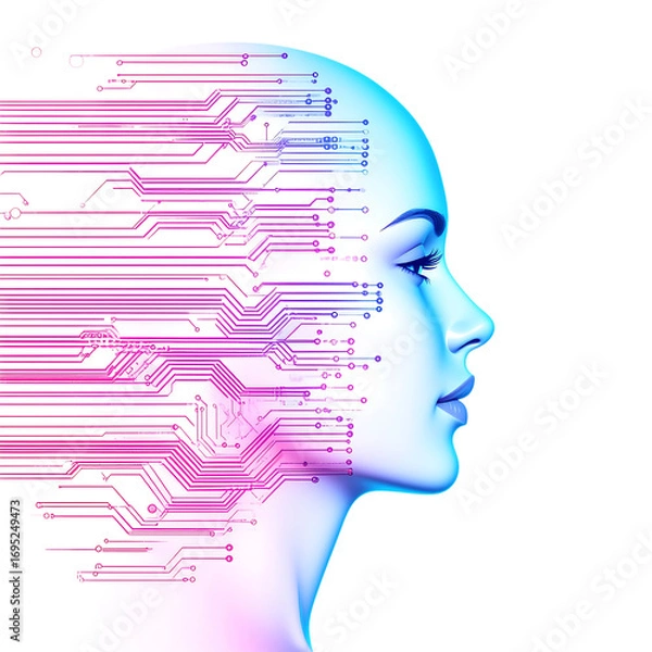 Fototapeta Digital woman profile with circuit board pattern merging with face against black background futuristic concept