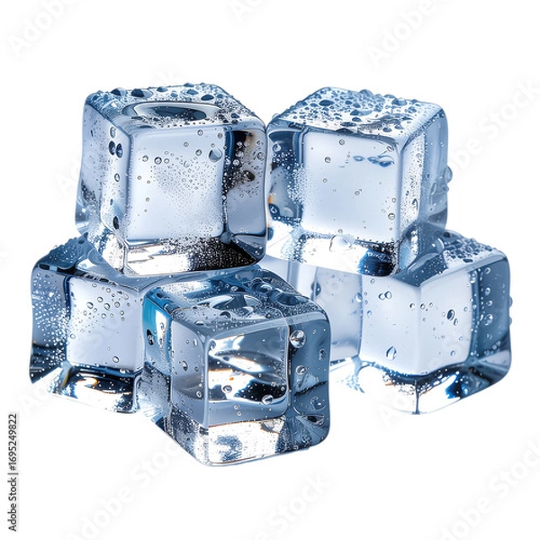Fototapeta Five transparent ice cubes stacked against a black background showing water droplets and condensation