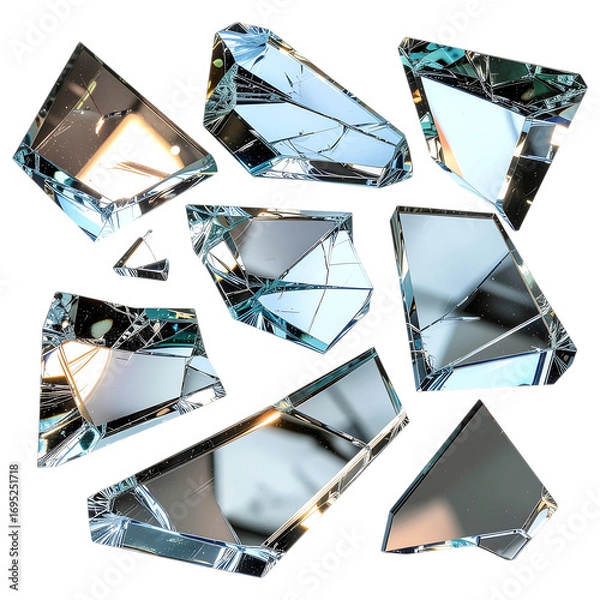 Fototapeta Shattered Glass Fragments on Black Background Reflecting Light and Color in Various Geometric Shapes