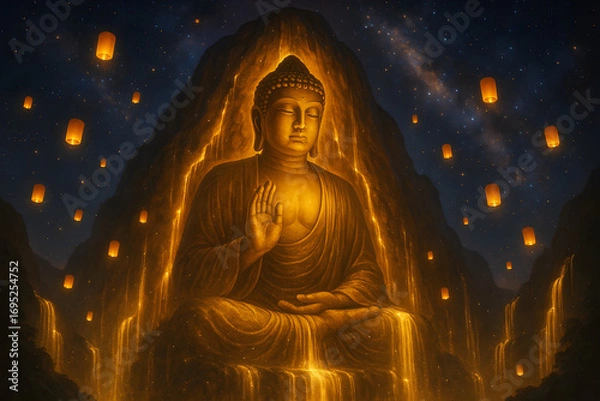 Fototapeta A painting of a Buddha statue with a mountain in the background