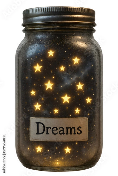 Fototapeta A jar filled with stars and the word "dreams" written on it
