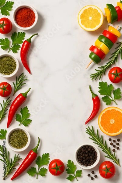 Fototapeta A white background with a variety of vegetables and spices, including peppers