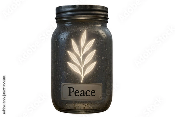 Fototapeta A jar with a leaf on it that says peace