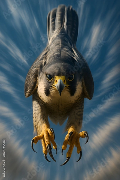 Fototapeta A falcon is flying in the sky with its talons outstretched