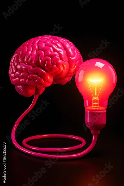 Fototapeta A pink brain is connected to a light bulb