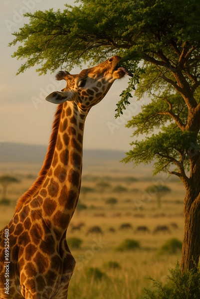 Fototapeta A giraffe is eating leaves from a tree in a grassy field