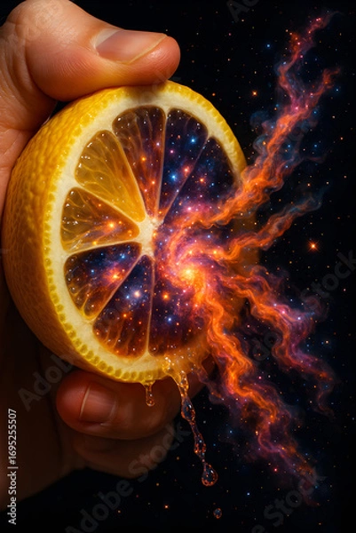 Fototapeta A hand holding a lemon with a galaxy in the middle of it