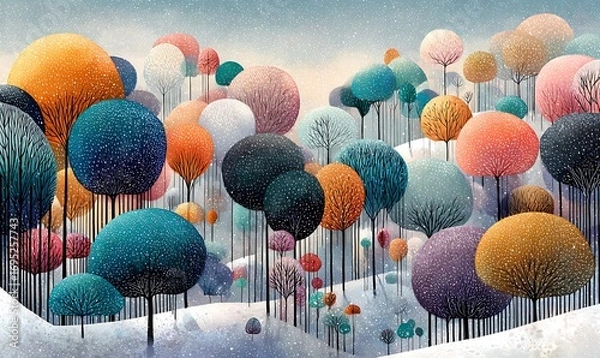 Fototapeta Save to Library Download Preview Preview Crop Find Similar File #: 1384467448 Whimsical Winter Forest Landscape with Colorful Round Trees


