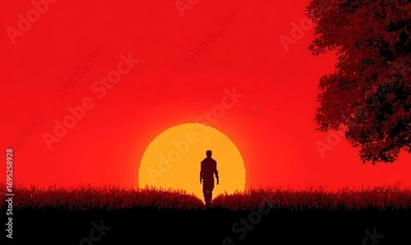 Fototapeta 
Pixel Art Silhouette of a Man Walking into a Red Sunset