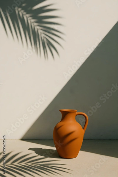 Fototapeta A large orange vase sits on a white wall, casting a shadow on the ground
